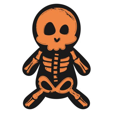 Sıkıntılı turuncu tasarımı ve yamalı kemikleri olan Cadılar Bayramı iskelet bebeği, ürkütücü ve şirin, Vektör çizimi