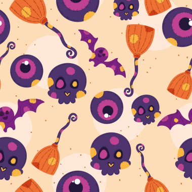 Göz, kafatası, yarasa ve süpürge desenli Cadılar Bayramı örnekleri Vektör illüstrasyonu