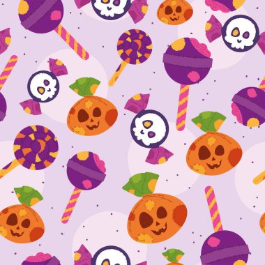 Spooky Halloween pattern featuring pumpkins, skulls, and candy lollipops on purple background. Vector illustration