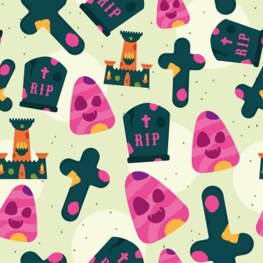 Yeşil arka planda mezar taşları, kafatasları, haçlar ve perili kaleler içeren ürkütücü Cadılar Bayramı desenleri. Vektör illüstrasyonu