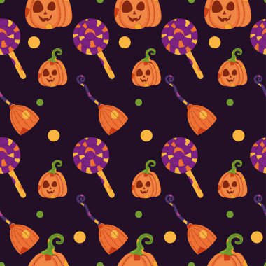 Balkabakları, süpürgeler ve koyu arkaplan lolipopları içeren ürkütücü Cadılar Bayramı desenleri. Vektör illüstrasyonu