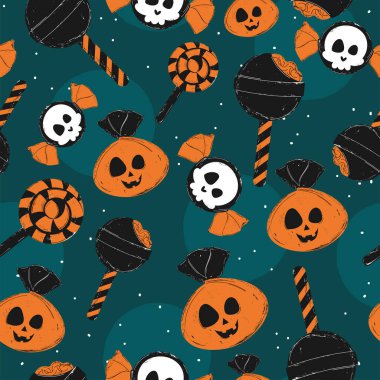 Yeşil arka planda balkabakları, kafatasları ve ürkütücü lolipoplar olan ürkütücü Cadılar Bayramı desenleri. Vektör illüstrasyonu