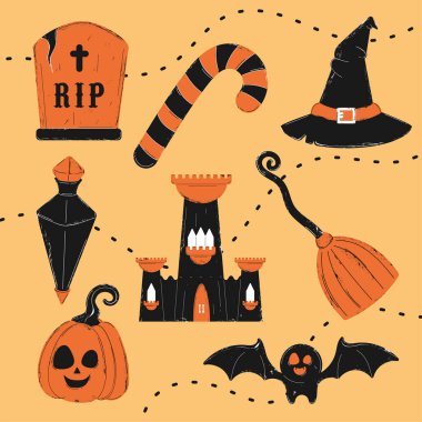 Spooky Halloween pattern featuring tombstones, pumpkins, witch hats, and candy on orange background. Vector illustration clipart