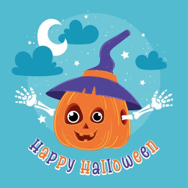 Cadı şapkası ve iskelet kollarıyla gülümseyen balkabağı Mutlu Cadılar Bayramı metni, Vektör illüstrasyonu