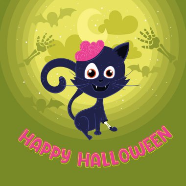 Mutlu Cadılar Bayramı metni altında beyni açıkta kalmış zombi kara kedi ürkütücü bir şekilde, Vektör illüstrasyonu