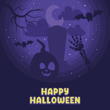 Balkabağı, iskelet el ve ay ışığı altındaki yarasaların yer aldığı ürkütücü Cadılar Bayramı sahnesi.