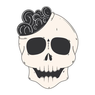 Detailed skull illustration featuring an exposed brain in black and white style, Vector illustration clipart