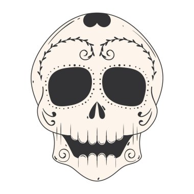 Süslü desenleri ve şenlikli tasarımlar için ayrıntıları olan siyah ve beyaz şeker kafatası, Vektör illüstrasyonu