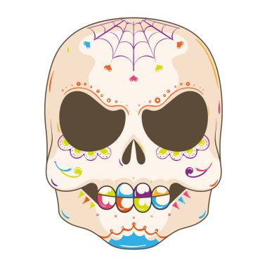 Sugar skull with spider web decoration, intricate design for spooky themes, Vector illustration clipart