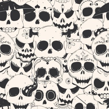 Çeşitli ürkütücü ve dekoratif cadılar bayramı kafatası tasarımları siyah beyaz, Vektör çizimi