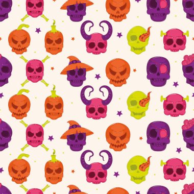 Dekoratif ve ürkütücü detaylarla çeşitli cadılar bayramı kafatasları içeren desen, Vektör illüstrasyonu