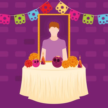 Şeker kafatasları, kadife çiçekleri, mumlar ve portrelerle renkli Dia de los Muertos sunağı. Vektör illüstrasyonu