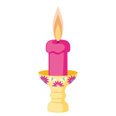 Çiçekli, parlak alevlerle süslü pembe bir mum. Vektör çizimi.