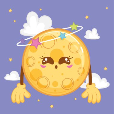 Uzayda yüzen renkli yıldızlı sevimli ay çizgi film karakteri. Vektör illüstrasyonu