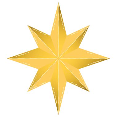 Sade sarı yıldız, sekiz noktalı ve düz arkaplanda beyaz çizgiler var. Vektör illüstrasyonu