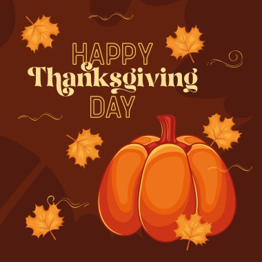 Büyük balkabağı ve kahverengi arka planda renkli sonbahar yapraklarıyla Şükran Günü selamı. Vektör illüstrasyonu