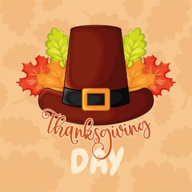 Renkli sonbahar yapraklı Şükran Günü hacı şapkası, hafif arka planda şenlikli bir karşılama. Vektör illüstrasyonu