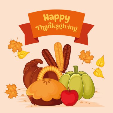Şükran Günü ziyafeti, turta, balkabağı ve renkli sonbahar yapraklarıyla bayram bayrağı altında. Vektör illüstrasyonu
