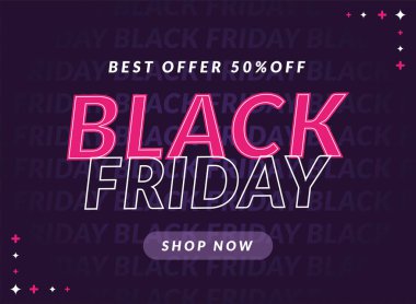 Kara Cuma 'nın özel afişinde karanlık bir arka planda neon tarzı indirim var. Vektör illüstrasyonu