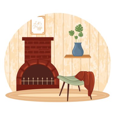 Living room with a cozy fireplace, chair, and modern decorative accents. Vector illustration clipart