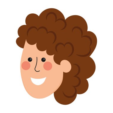 Kıvırcık kahverengi saçlı gülümseyen bir çocuğun yüz görüntüsü. Vektör illüstrasyonu