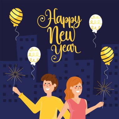 Illustration of a couple celebrating New Year with sparklers and balloons. Vector illustration