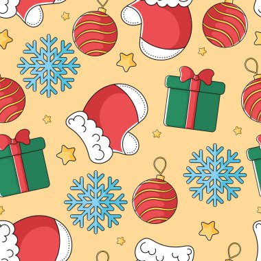 Hediye kutuları, kar taneleri, Noel Baba şapkaları ve bayram tasarımları için süsleri olan şenlikli bir Noel şablonu. Vektör illüstrasyonu