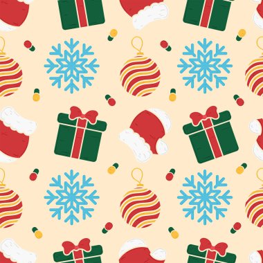 Noel deseninde, neşeli tatil tasarımları için hediye kutuları, kar taneleri, süsler ve Noel Baba şapkaları var. Vektör illüstrasyonu