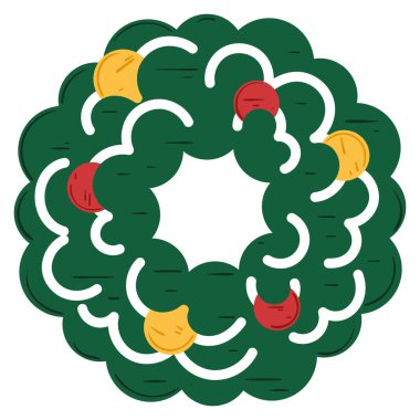 Illustration of a green Christmas wreath decorated with red and yellow baubles. Vector illustration clipart