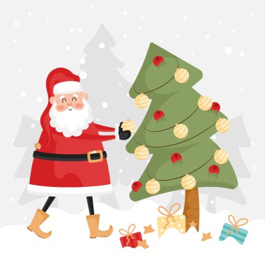 Noel Baba hediyeler ve karlı kış manzarasıyla çevrili bir Noel ağacını süslüyor. Vektör illüstrasyonu