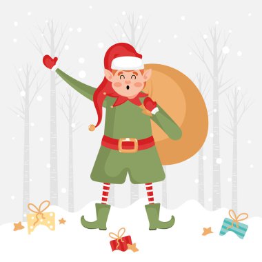 Yeşil kostümlü heyecanlı Noel elfi büyük bir altın çuval hediye taşıyor. Vektör illüstrasyonu