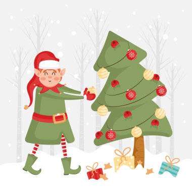 Noel elfi hediyeler ve karlı kış manzarasıyla çevrili bir Noel ağacını süslüyor. Vektör illüstrasyonu