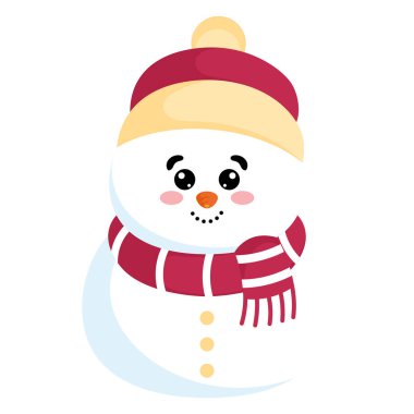 Sıcak kırmızı ve sarı şapkalı eşarplı kardan adam sıcak bir şekilde gülümsüyor. Vektör illüstrasyonu