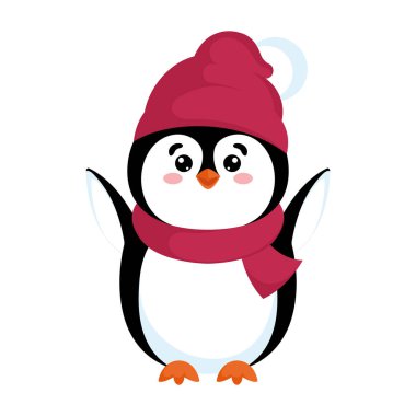 Sıcak kırmızı eşarplı ve sıcak kış şapkalı mutlu penguen kollarını sallıyor. Vektör illüstrasyonu