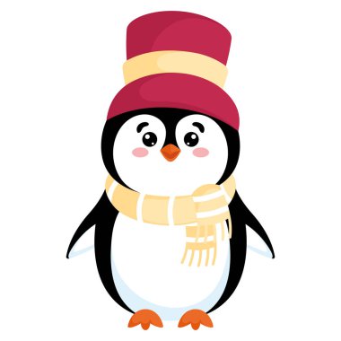 Uzun kırmızı ve sarı şapkalı sevimli penguen mutlu bir atkıyla gülümsüyor. Vektör illüstrasyonu