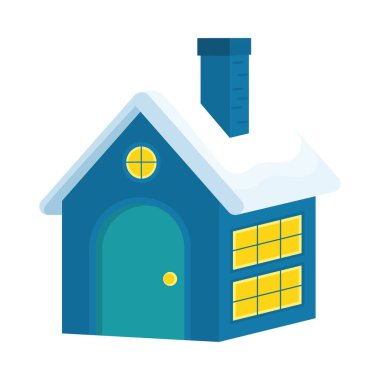 Karlı çatısı, bacası ve Noel kutlamaları için parlayan pencereleri olan rahat mavi bir ev. Vektör illüstrasyonu