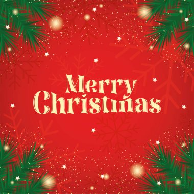 Yeşil dalları, kar taneleri ve kırmızı arka planda altın parıltıları olan neşeli Mutlu Noeller kartı. Vektör illüstrasyonu