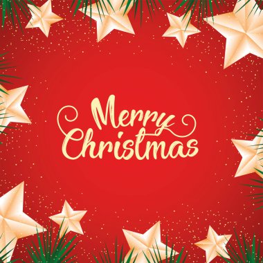 Kırmızı arka planda altın yıldızların, yeşil dalların ve parıltıların olduğu bir Noel kartı. Vektör illüstrasyonu