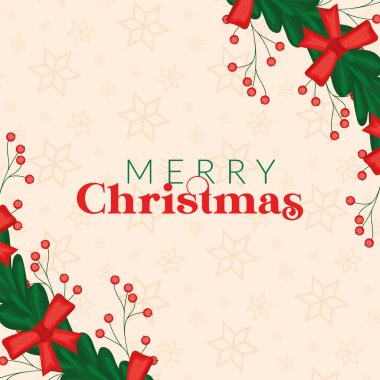 Kırmızı kurdeleli, böğürtlenli ve yeşil arkaplanlı bir Noel kartı. Vektör illüstrasyonu