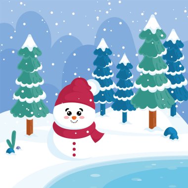 Karlı bir ormanda çam ağaçlarıyla çevrili donmuş bir gölün yanında mutlu bir kardan adam. Vektör illüstrasyonu