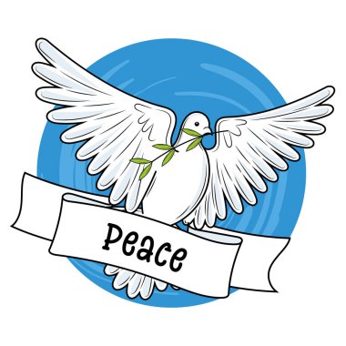 Elinde zeytin dalı tutan beyaz bir güvercin ve mavi arka planda barış kurdelesi. Vektör illüstrasyonu