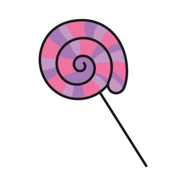 Çubukta mor ve pembe kıvrımlı bir lolipopun canlandırılması, eğlenceli temalar için ideal. Vektör illüstrasyonu