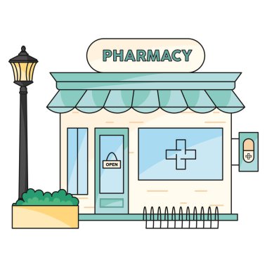 Yeşil aksanlı, çalılı ve cam pencereli modern eczane vitrinleri. Vektör illüstrasyonu