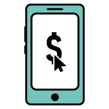 Mobil ödeme simgesi bir dolar işareti gösteriyor ve akıllı telefon ekranında oklara tıklıyor. Vektör illüstrasyonu
