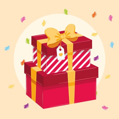 Altın kurdelelerle süslenmiş kırmızı hediye kutuları ve büyük bir fiyonk. Vektör illüstrasyonu