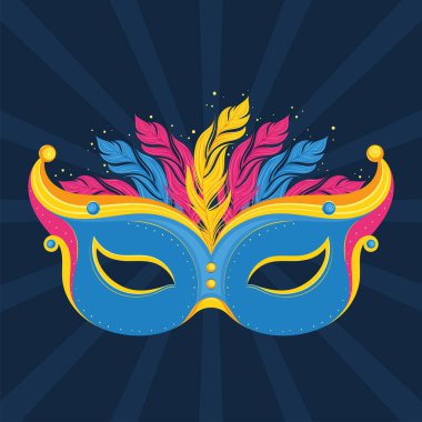 Karanlık bir festival arka planında tüyleri olan canlı bir karnaval maskesi. Vektör illüstrasyonu