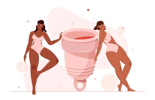 Copa Menstrual Dos Mujeres Con Accesorios Higiene Concepto Potencia Período — Vector de stock