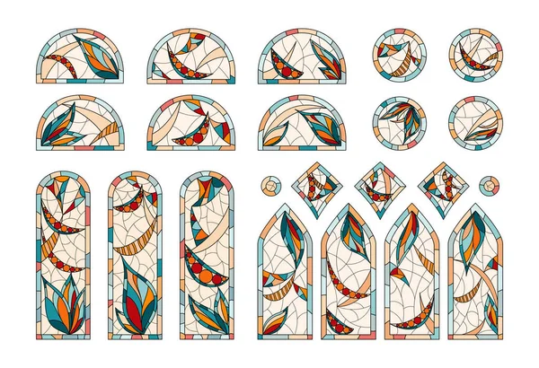 Stained Glass Church Set Different Windows Shapes Drawing One Style — Stock Vector