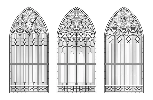 ガラスの教会の窓 3つのカトリックの黒と白のフレーム — ストックベクタ