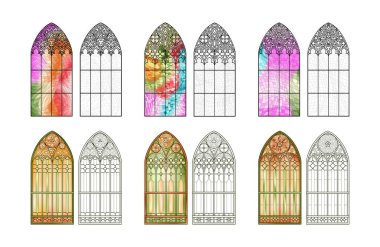 Lekeli kilise cam çalışma kâğıdı. Altı farklı pencere seti.